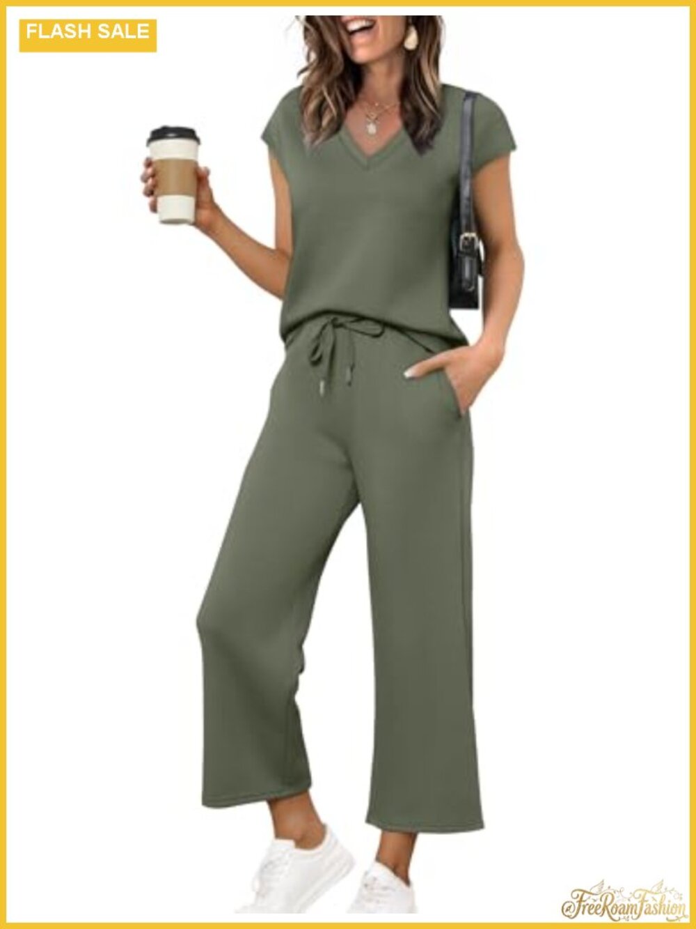 Women's 2 Piece Lounge Set V Neck Cap Sleeve Top Wide Leg Pants Vacation Travel